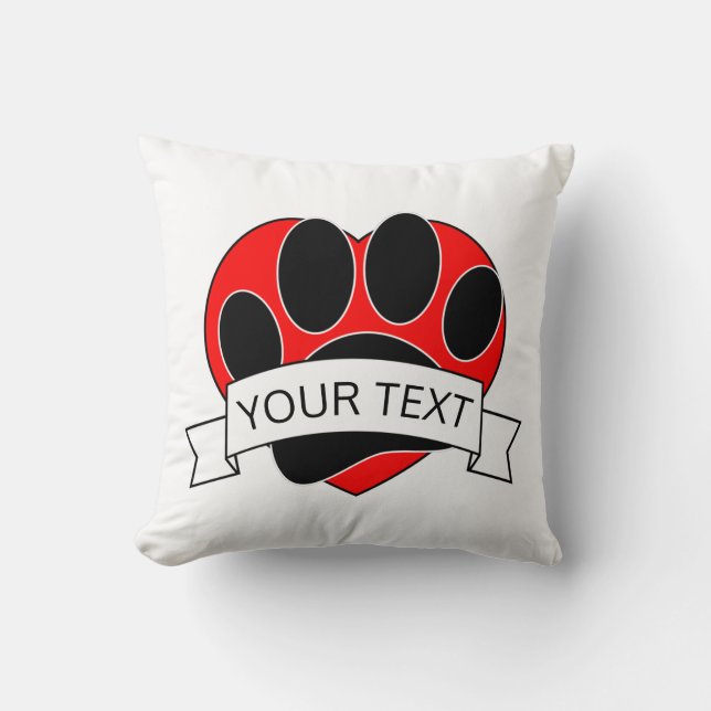 Dog Paw Print Red Heart Banner Cushion (Front)