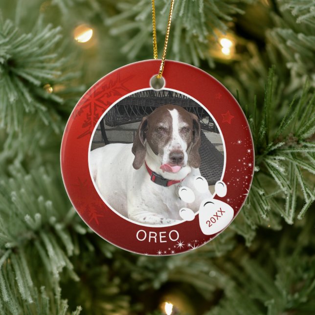Dog Paw Print Red Snowflake Stars Photo Name Year Ceramic Ornament (Tree)