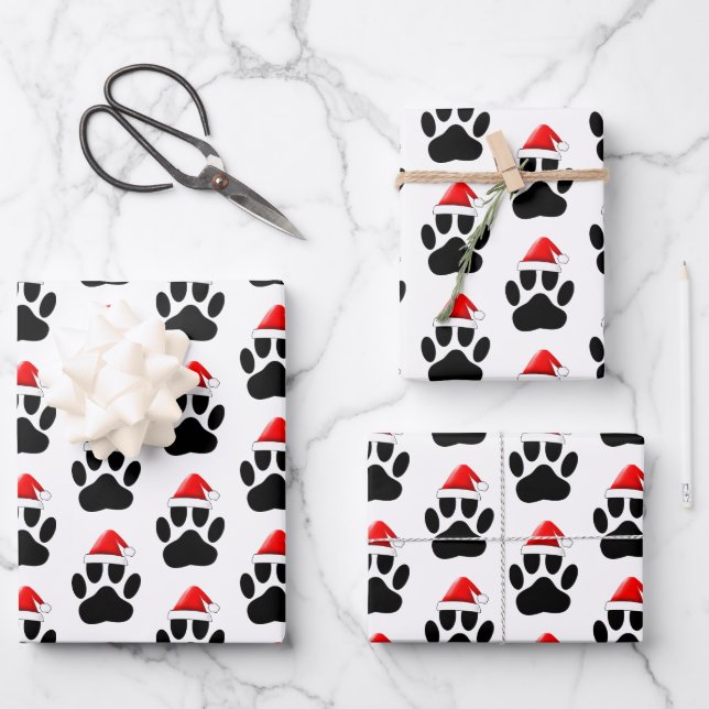 Dog Paw Print Santa Hat Christmas Wrapping Paper Sheet (Front)