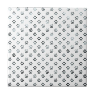 Dog Paw Print Silver Grey White Metallic Faux Foil Ceramic Tile