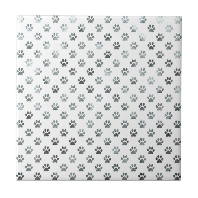 Dog Paw Print Silver Grey White Metallic Faux Foil Ceramic Tile (Front)