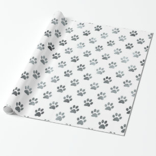 Dog Paw Print Silver Grey White Metallic Faux Foil Wrapping Paper