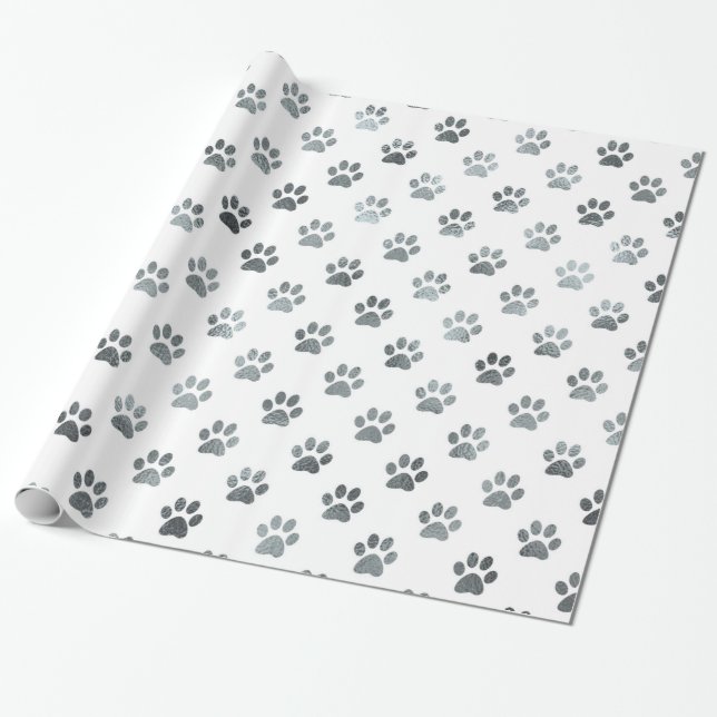 Dog Paw Print Silver Grey White Metallic Faux Foil Wrapping Paper (Unrolled)