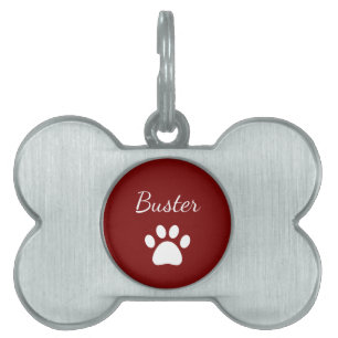 Dog Paw Print Simple Script Unique Red Pet ID Tag