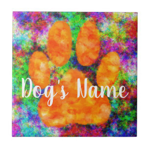 Dog Paw Print Watercolor With Custom Name Ceramic Tile