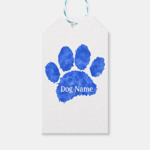 Dog Paw Print With Custom Name Blue Watercolor Gift Tags