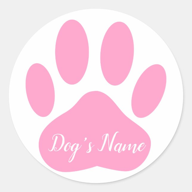 Dog Paw Print With Custom Name Pink Classic Round Sticker (Front)