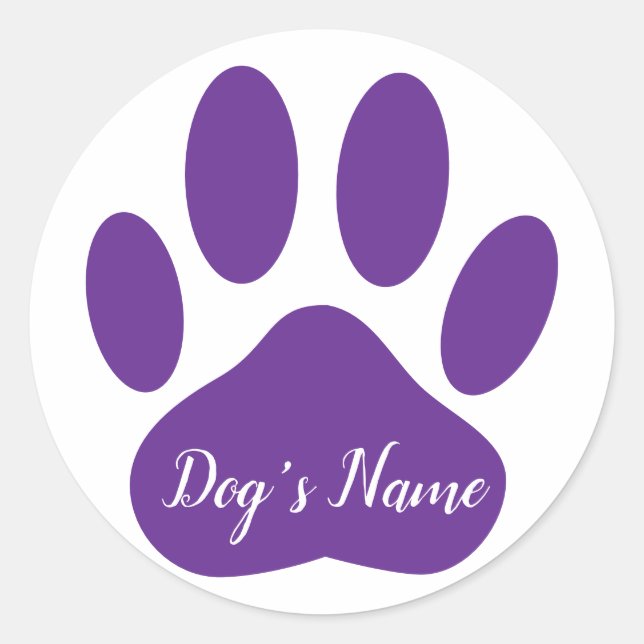 Dog Paw Print With Custom Name Purple Classic Round Sticker (Front)