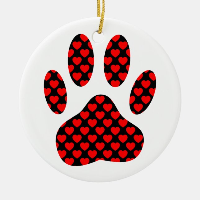 Dog Paw Print With Hearts Ceramic Tree Decoration (Front)
