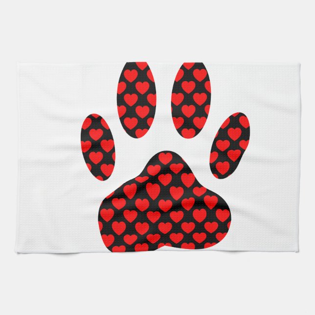 Dog Paw Print With Hearts Tea Towel (Horizontal)