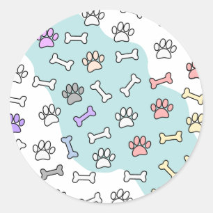 Dog Paw Prints And Bones Art Pattern Classic Round Sticker