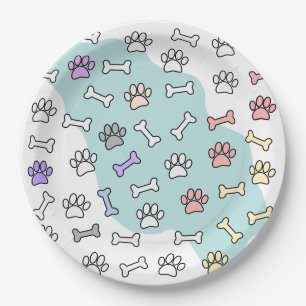 Dog Paw Prints And Bones Art Pattern Paper Plate