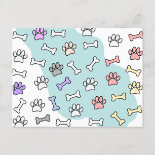 Dog Paw Prints And Bones Art Pattern Postcard