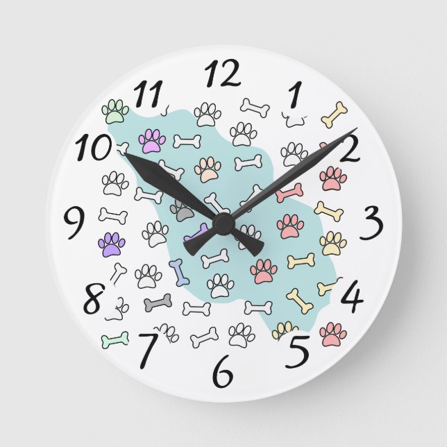 Dog Paw Prints And Bones Art Pattern Round Clock (Front)