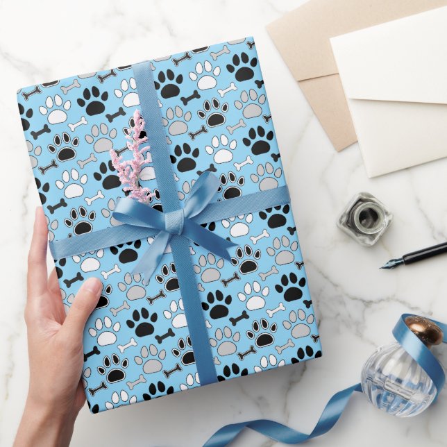 Dog Paw Prints and Bones Pattern Blue Wrapping Paper (Gifting)