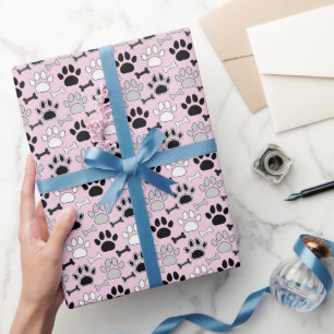 Dog Paw Prints and Bones Pattern Pink Wrapping Paper