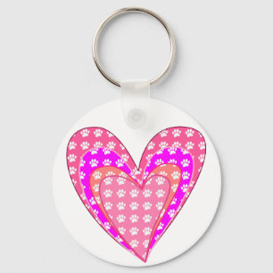 Dog Paw Prints And Pink Hearts Key Ring