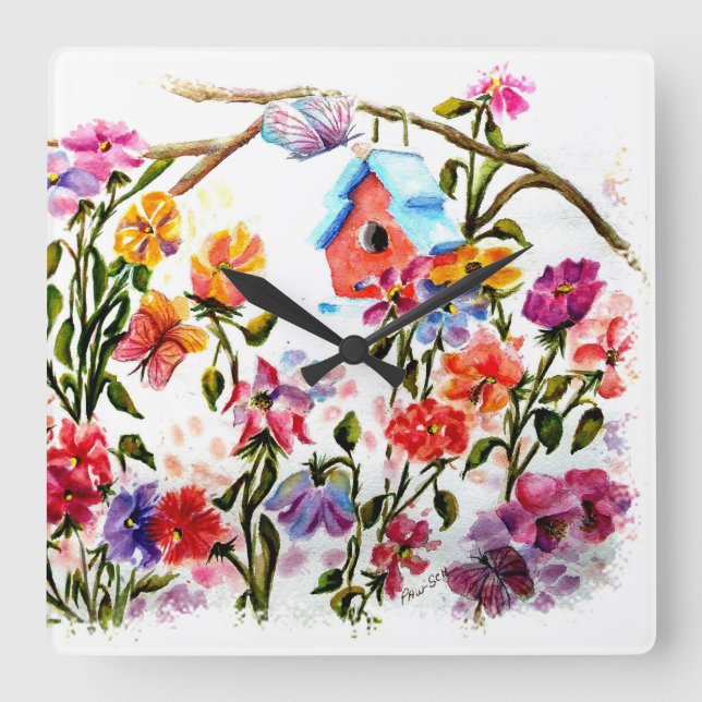 DOG PAW PRINTS BIRD HOUSE SQUARE WALL CLOCK (Front)