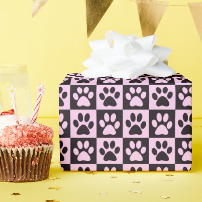 Dog Paw Prints black and pink Wrapping Paper (Birthday Party)