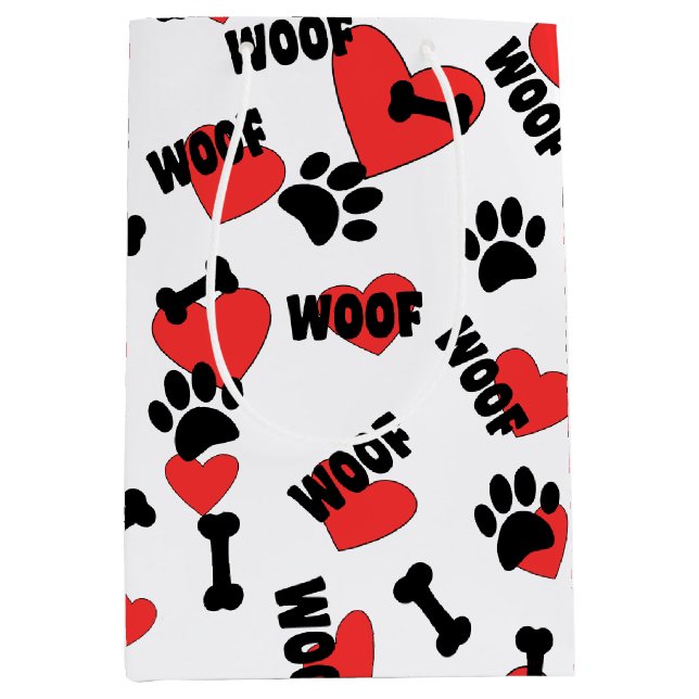 Dog Paw Prints Bones Heart And Woofs Pattern Medium Gift Bag (Front)