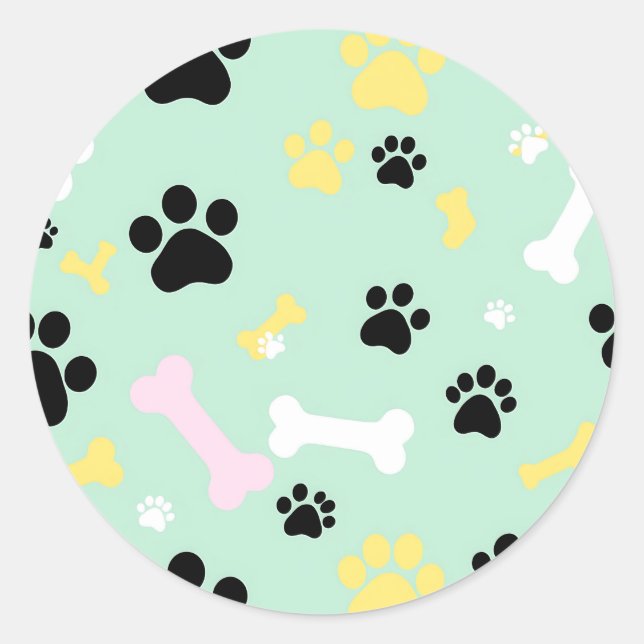 Dog Paw Prints Bones Pattern Classic Round Sticker (Front)
