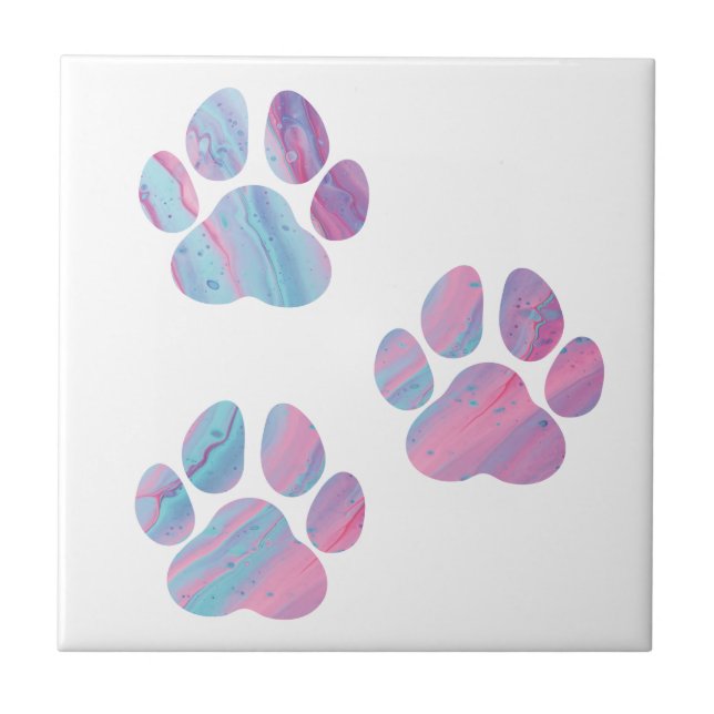 Dog Paw Prints - Colourful Paint Swirls Ceramic Tile (Front)