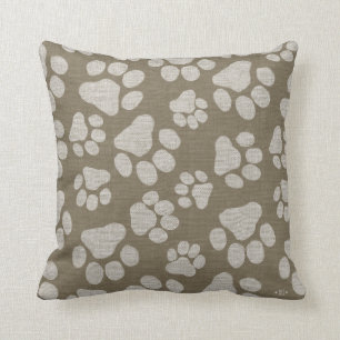 Dog Paw Prints Faux Burlap Style Cushion