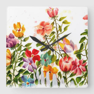 DOG PAW PRINTS FLOWER GARDEN FENCE SQUARE WALL CLOCK