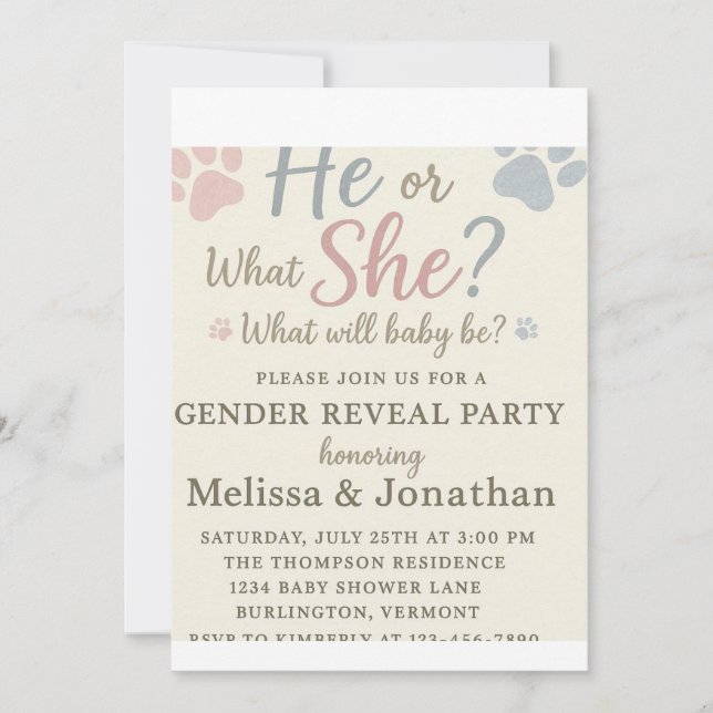 Dog Paw Prints Gender Reveal Invitation  (Front)