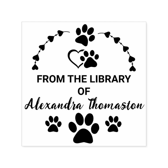 Dog Paw Prints Hearts Library Book Name Self-inking Stamp (Design)