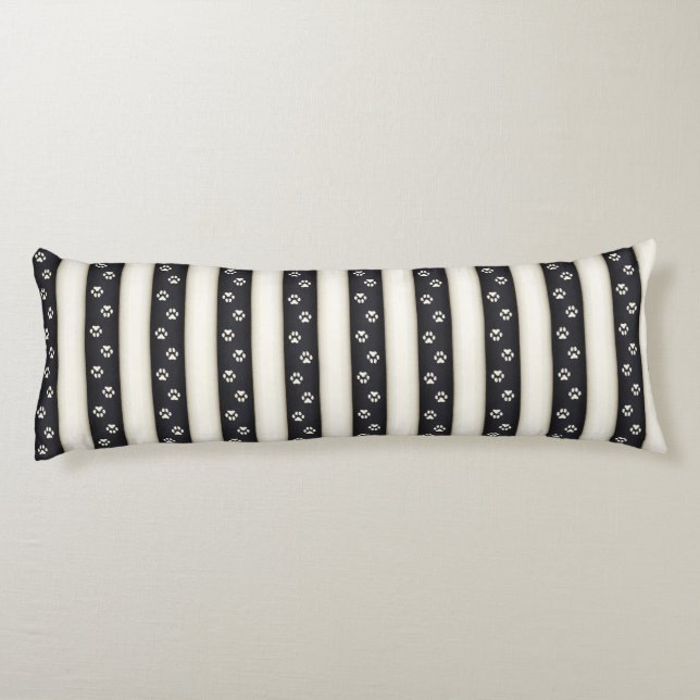 Dog Paw Prints on Black & Antique White Stripes Body Cushion (Back)