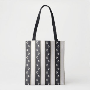 Dog Paw Prints on Black & Antique White Stripes Tote Bag