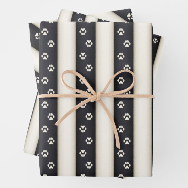 Dog Paw Prints on Black & Antique White Stripes Wrapping Paper Sheet (In situ)