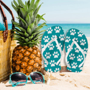 Dog Paw Prints On Blue, Green Turquoise Thongs