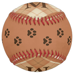 Dog Paw Prints on Brown Tartan Personalised  Softball