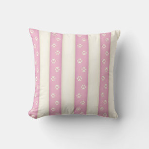 Dog Paw Prints on Pink & Antique White Stripes Cushion