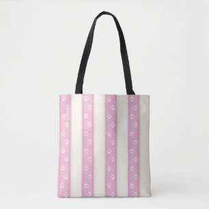 Dog Paw Prints on Pink & White Stripes Pretty Gift Tote Bag