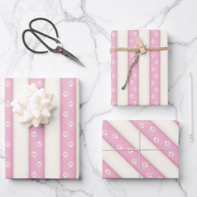 Dog Paw Prints on Pink & White Stripes Pretty Wrapping Paper Sheet (Front)
