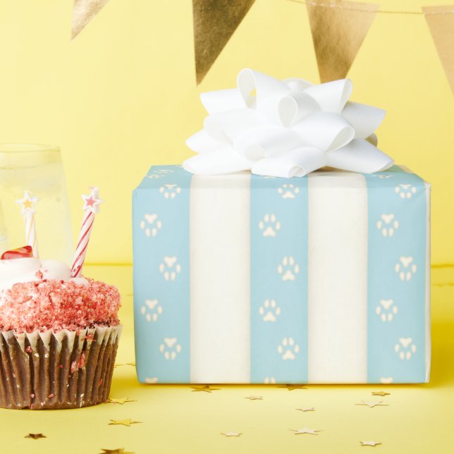 Dog Paw Prints Pale Blue & Antique White Pretty Wrapping Paper (Birthday Party)