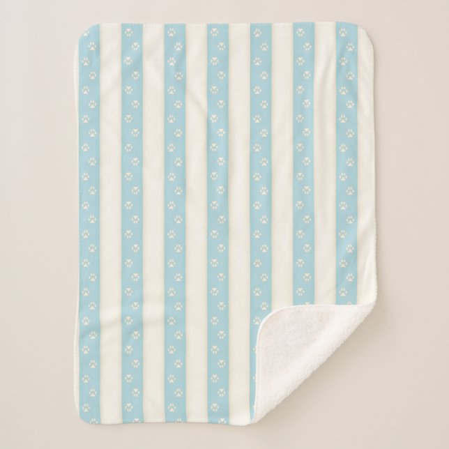 Dog Paw Prints Pale Blue & Antique White Stripes Sherpa Blanket (Front)