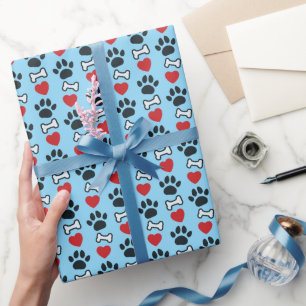 Dog Paw Prints Red Hearts And Bones Dog Lover Blue Wrapping Paper