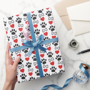Dog Paw Prints Red Hearts And Bones Dog Lover Wrapping Paper