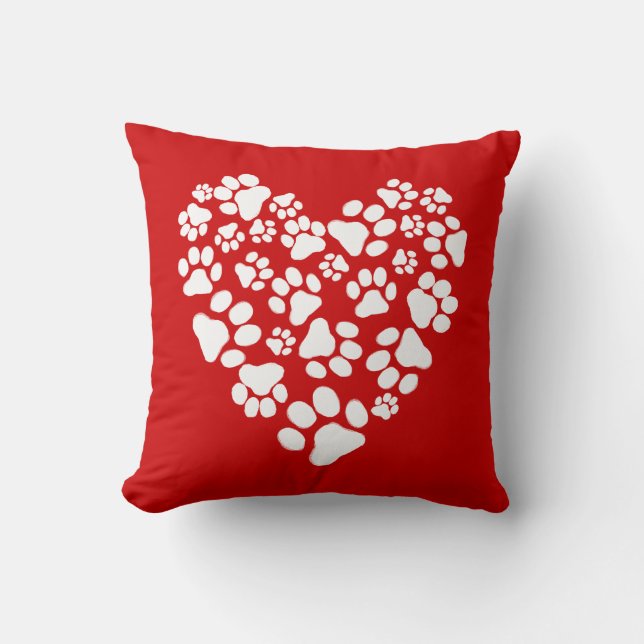 Dog Paw Prints Valentine Heart Cushion (Front)