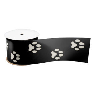 Dog Paw Prints Walking on Black 3" Satin Ribbon
