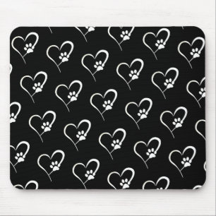 Dog Paw Prints With Heart on Black Mouse Pad