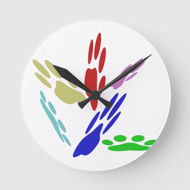 Dog Paw Prints With Polka Dots Round Clock (Front)