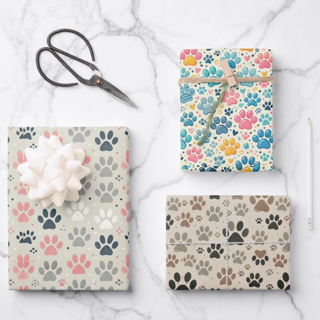 Dog Paw Prints Wrapping Paper Flat Sheet Set of 3 (Front)