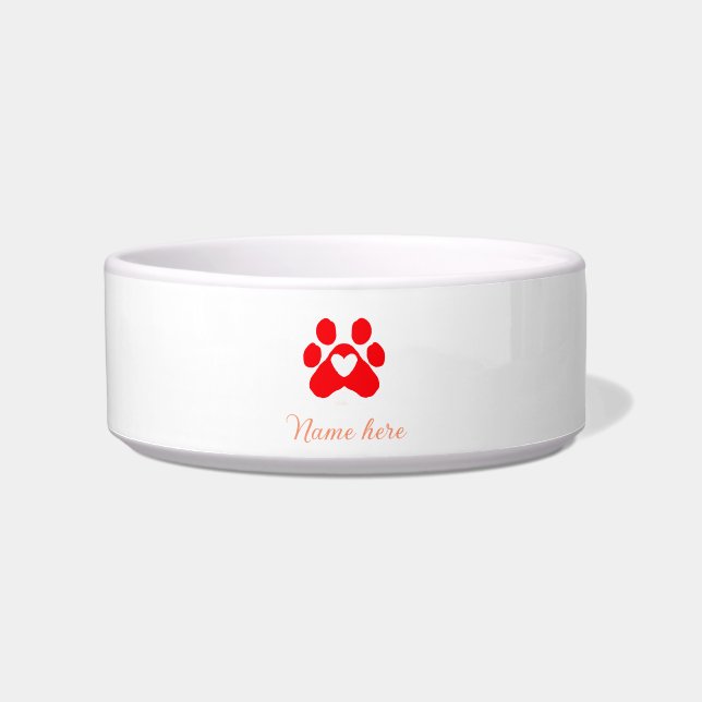Dog paw red heart pet add name text animal paw  bowl (Front)