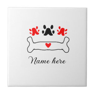 Dog paw red heart pet add name text animal paw ceramic tile