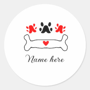 Dog paw red heart pet add name text animal paw classic round sticker